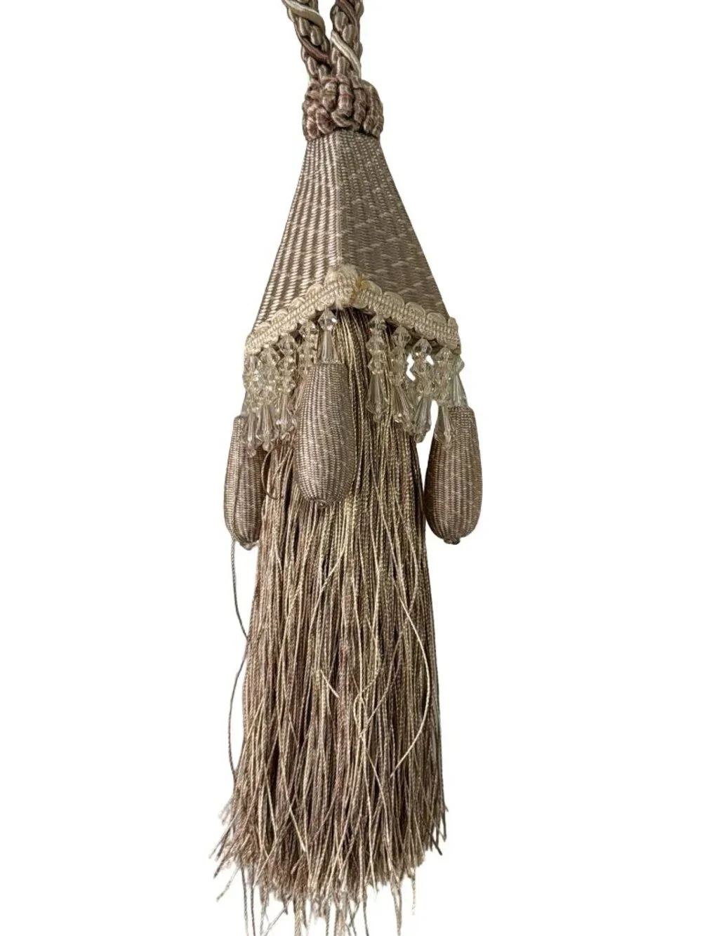 Decorative Beaded Curtain Tieback 26 Inch Taupe Champagne Tassel Drapery Holdbac